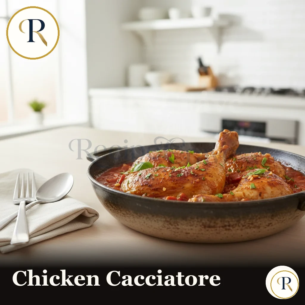 Chicken cacciatore in a rustic pan, the kind of braise where good mise en place keeps every step calm