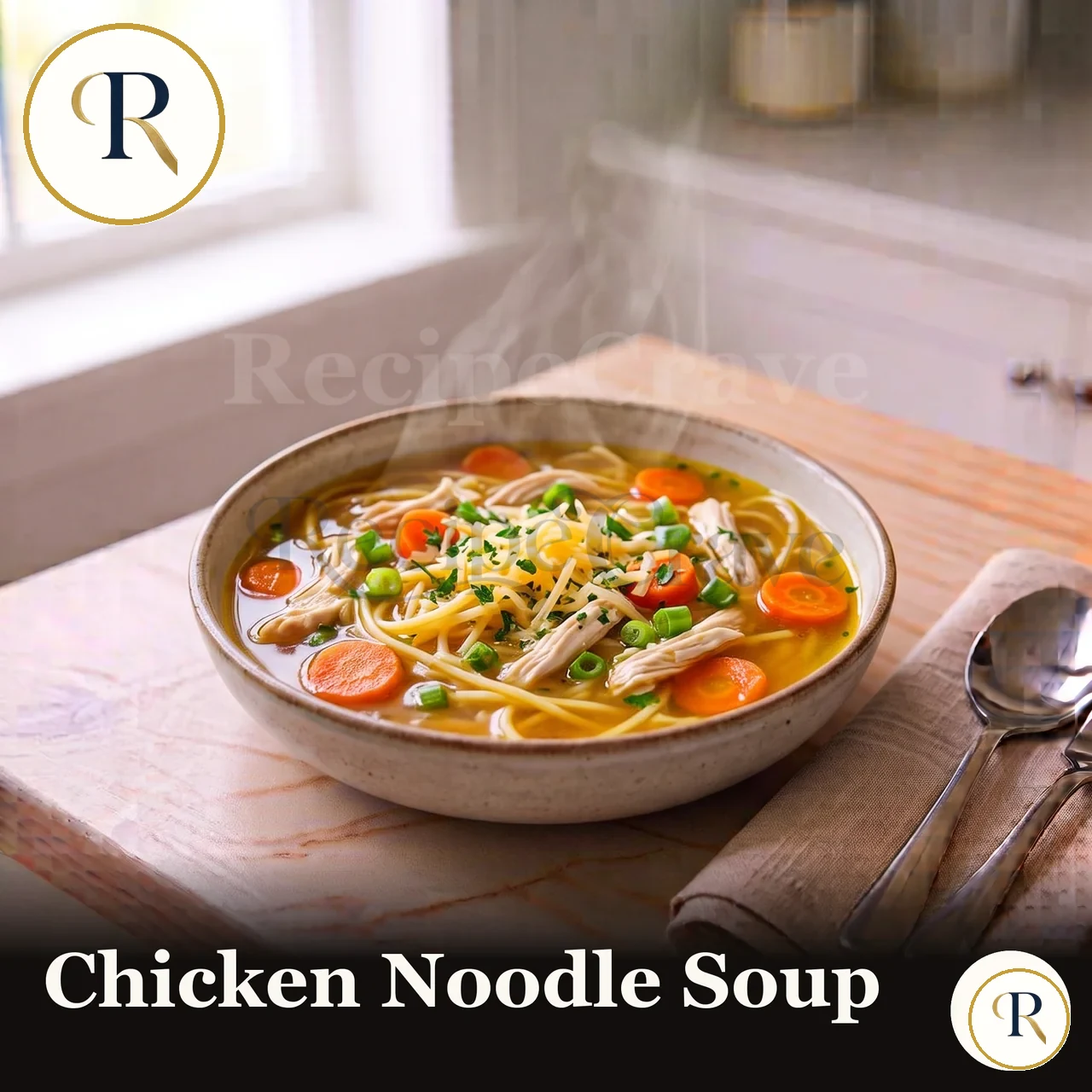 Homemade chicken noodle soup with fresh herbs in a white bowl