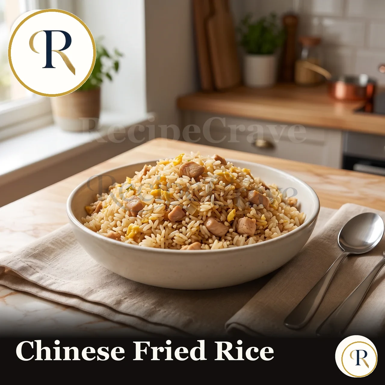 Wok of fried rice made with day-old long-grain rice, egg and spring onion