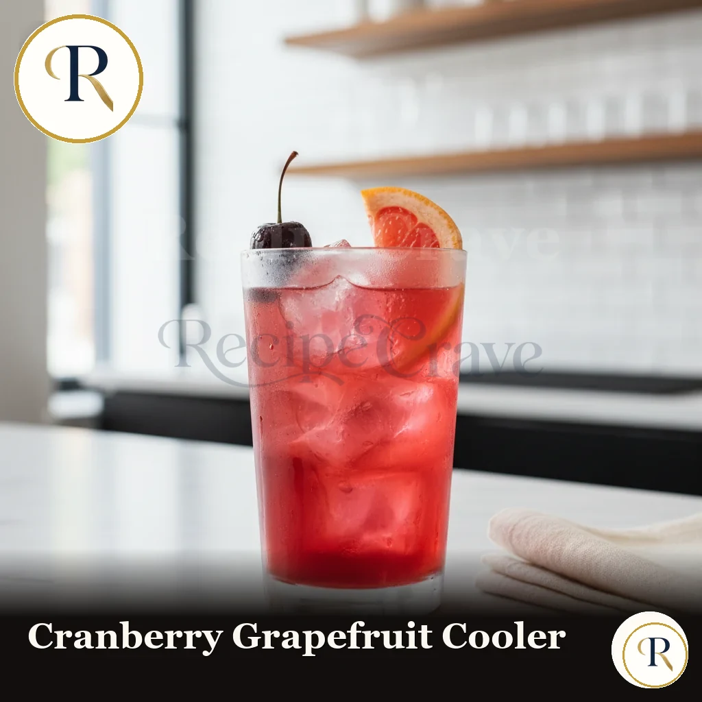 Cranberry grapefruit cooler mocktail with ice and citrus garnish