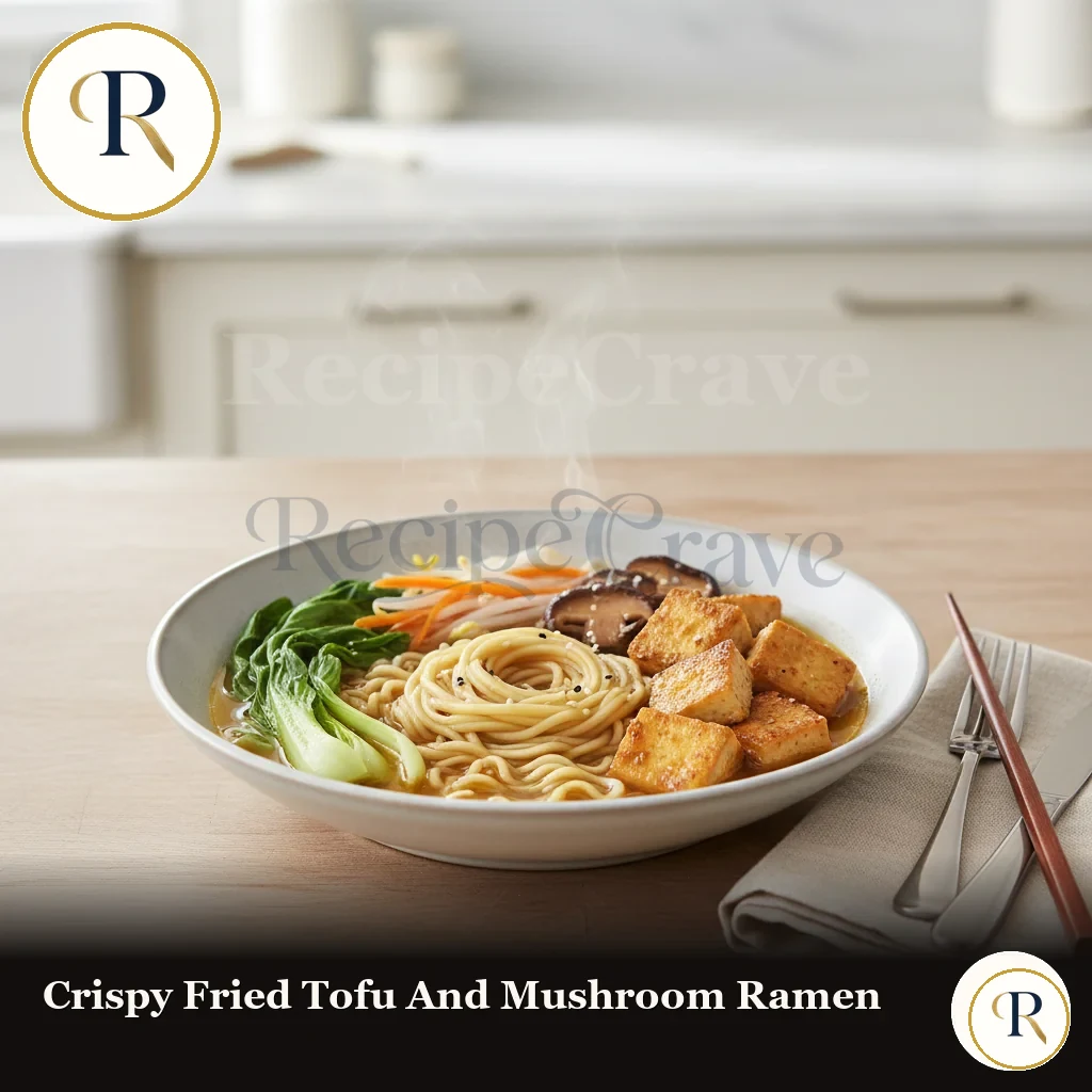 Crispy fried tofu and mushroom ramen, a plant-based protein dinner with browned tofu