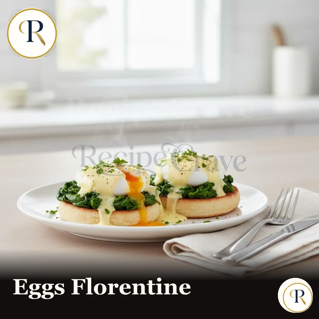 Eggs Florentine with spinach and poached egg on a toasted muffin