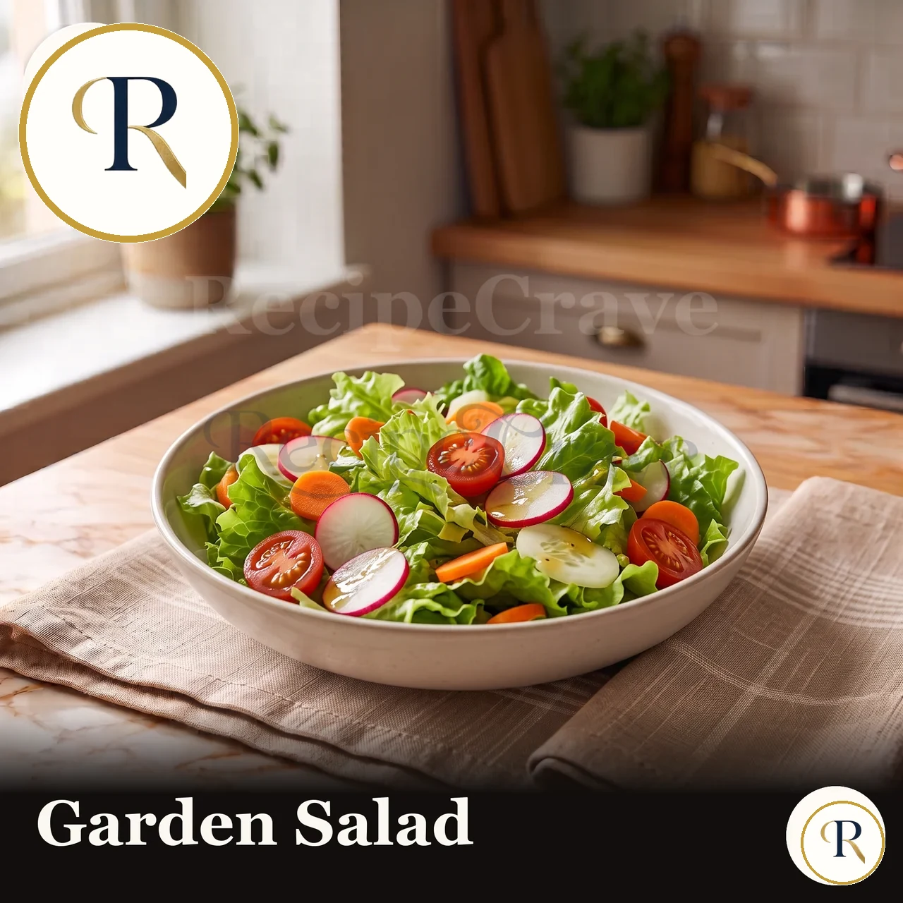 Fresh garden salad made with properly stored crisp leafy greens and vegetables