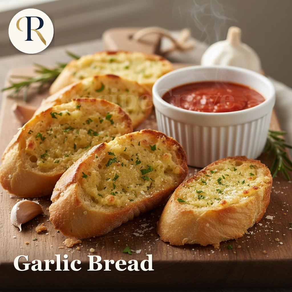 Golden garlic bread made by cooking with garlic butter and fresh herbs