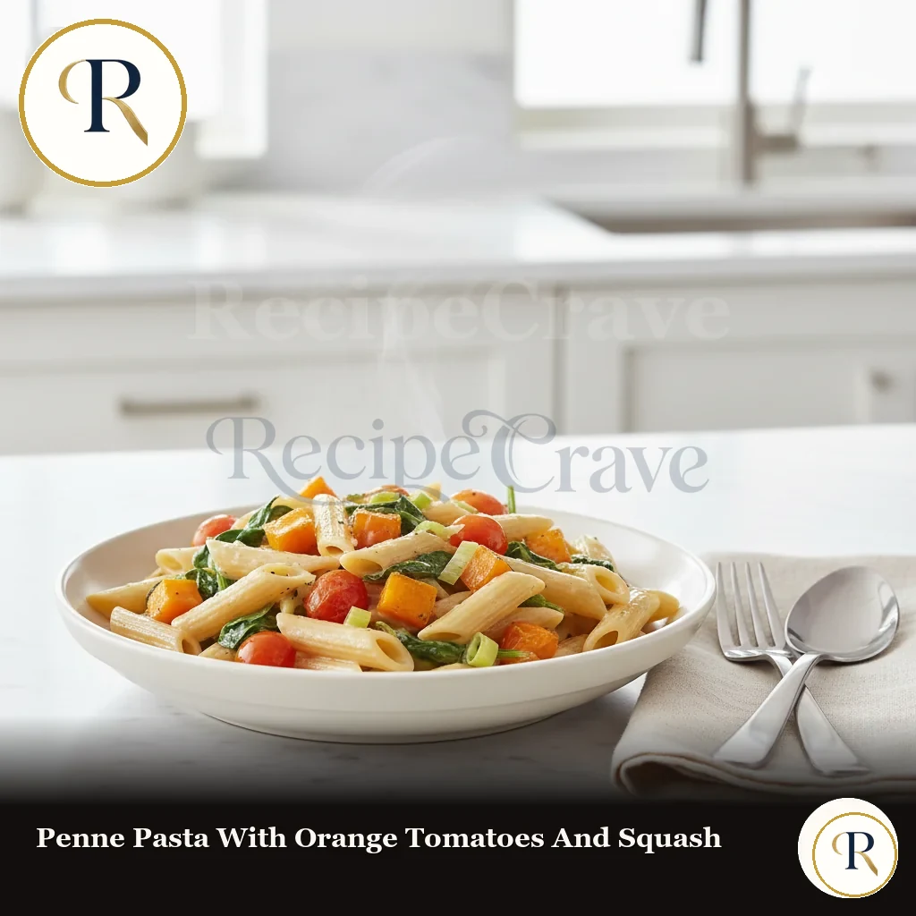 Penne Pasta with Orange Tomatoes and Squash Recipe | RecipeCrave